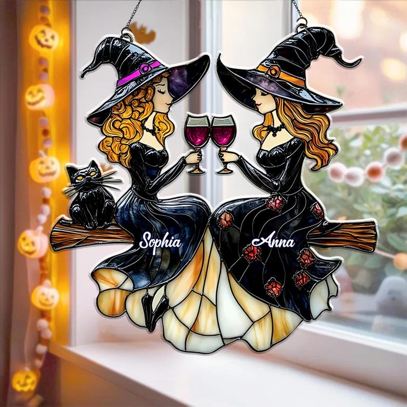 Best Friends Slay Witch Acrylic Ornament Suncatcher, Faux Stained Glass Suncatcher With Wine Glasses & Cats, Custom Halloween Witchy Decor
