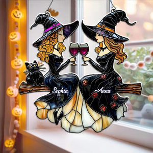 Best Friends Slay Witch Acrylic Ornament Suncatcher, Faux Stained Glass Suncatcher With Wine Glasses & Cats, Custom Halloween Witchy Decor