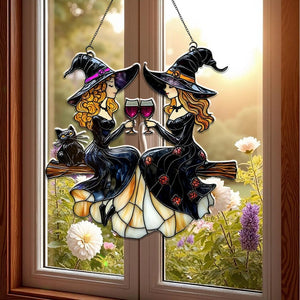 Best Friends Slay Witch Acrylic Ornament Suncatcher, Faux Stained Glass Suncatcher With Wine Glasses & Cats, Custom Halloween Witchy Decor