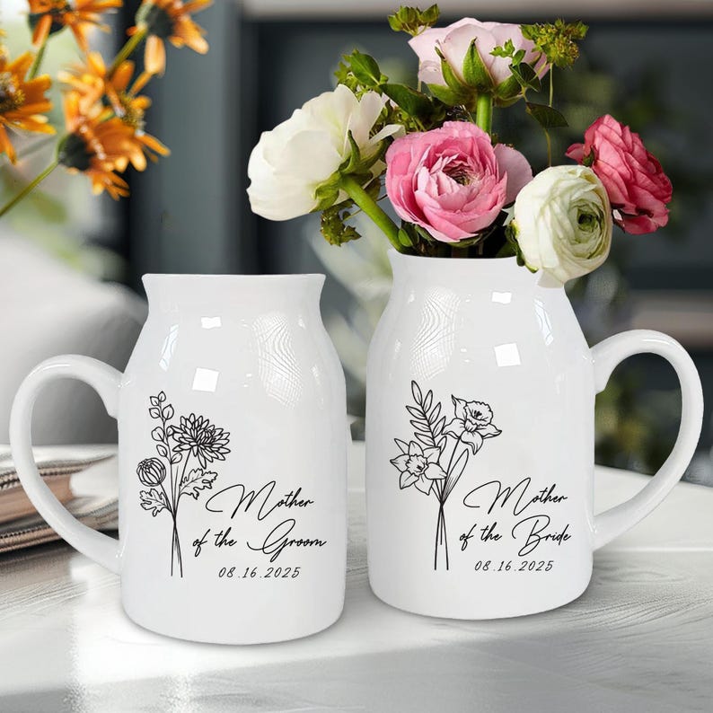 Personalized Wedding Gift For Mother Of The Bride & Groom,Mother's Day Gift For Mom,Birth Month Flower Vase,Mother of the Bride Ceramic Vase