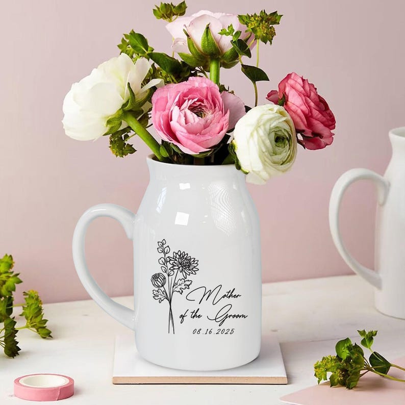 Personalized Wedding Gift For Mother Of The Bride & Groom,Mother's Day Gift For Mom,Birth Month Flower Vase,Mother of the Bride Ceramic Vase
