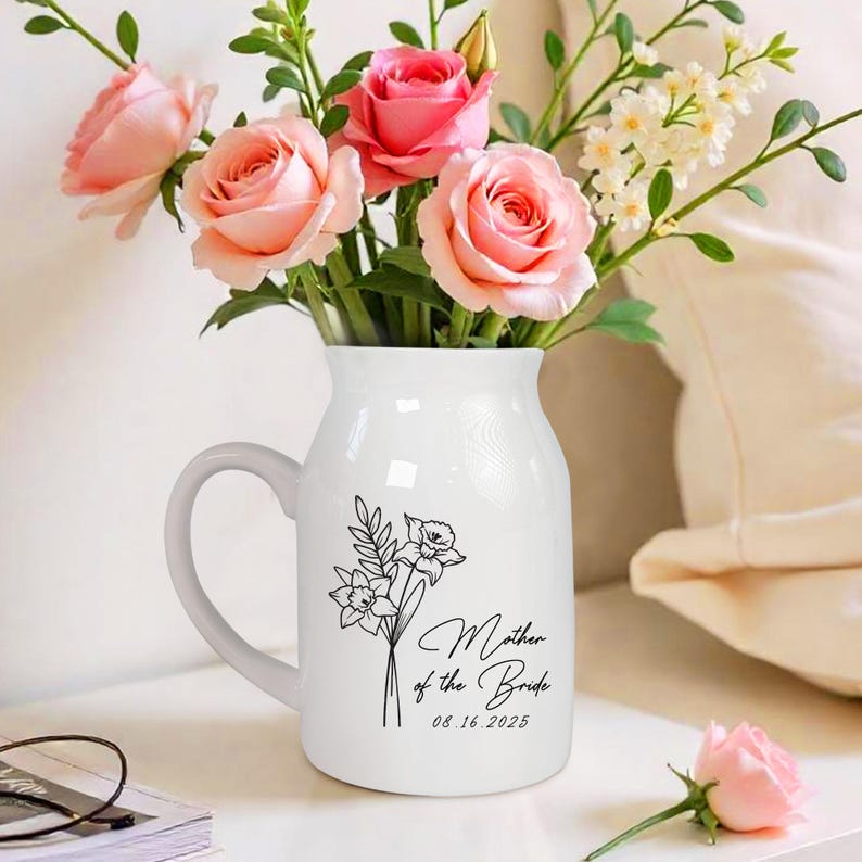 Personalized Wedding Gift For Mother Of The Bride & Groom,Mother's Day Gift For Mom,Birth Month Flower Vase,Mother of the Bride Ceramic Vase
