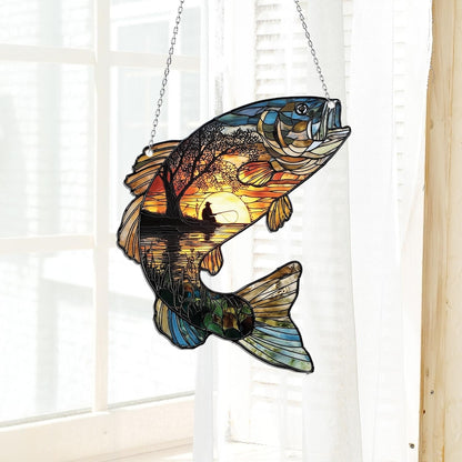 Sunset Fisherman Acrylic Window Hanging, Jumping Bass Ornament, Bass Fish Silhouette & Lake Scene Decor, Outdoorsmen Gift, Gift for Anglers