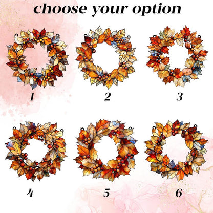Fall Leaves Wreath Acrylic Window Hanging, Autumn Harvest Faux Acrylic Suncatcher, Maple Leaf Door Decor Thanksgiving Gift Idea