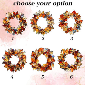 Fall Leaves Wreath Acrylic Window Hanging, Autumn Harvest Faux Stained Glass Suncatcher, Maple Leaf Door Decor Thanksgiving Gift Idea