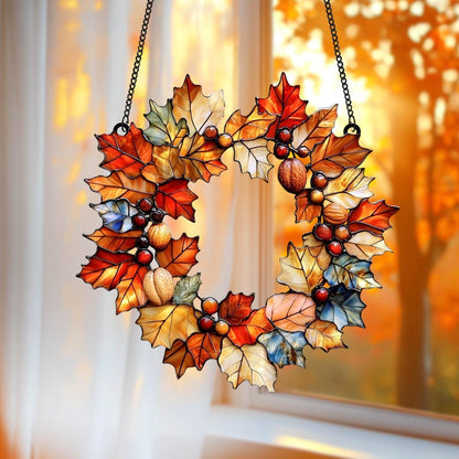 Fall Leaves Wreath Acrylic Window Hanging, Autumn Harvest Faux Acrylic Suncatcher, Maple Leaf Door Decor Thanksgiving Gift Idea