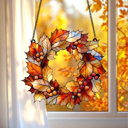 Fall Leaves Wreath Acrylic Window Hanging, Autumn Harvest Faux Acrylic Suncatcher, Maple Leaf Door Decor Thanksgiving Gift Idea