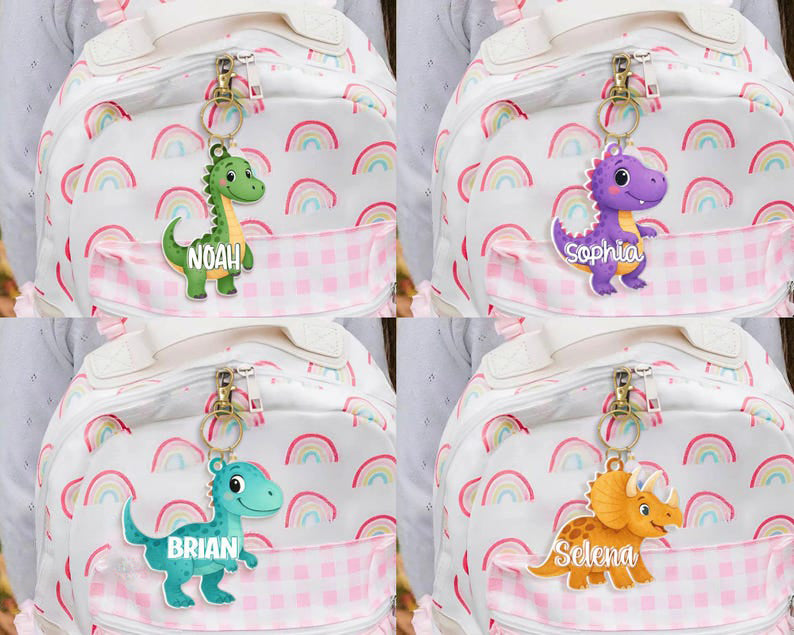 Personalized Dinosaur Kids Bag Tag, First Day Of School Keyring, Back to School Gift for Kid, Custom Backpack Kid Name, Lunchbox Name Tag