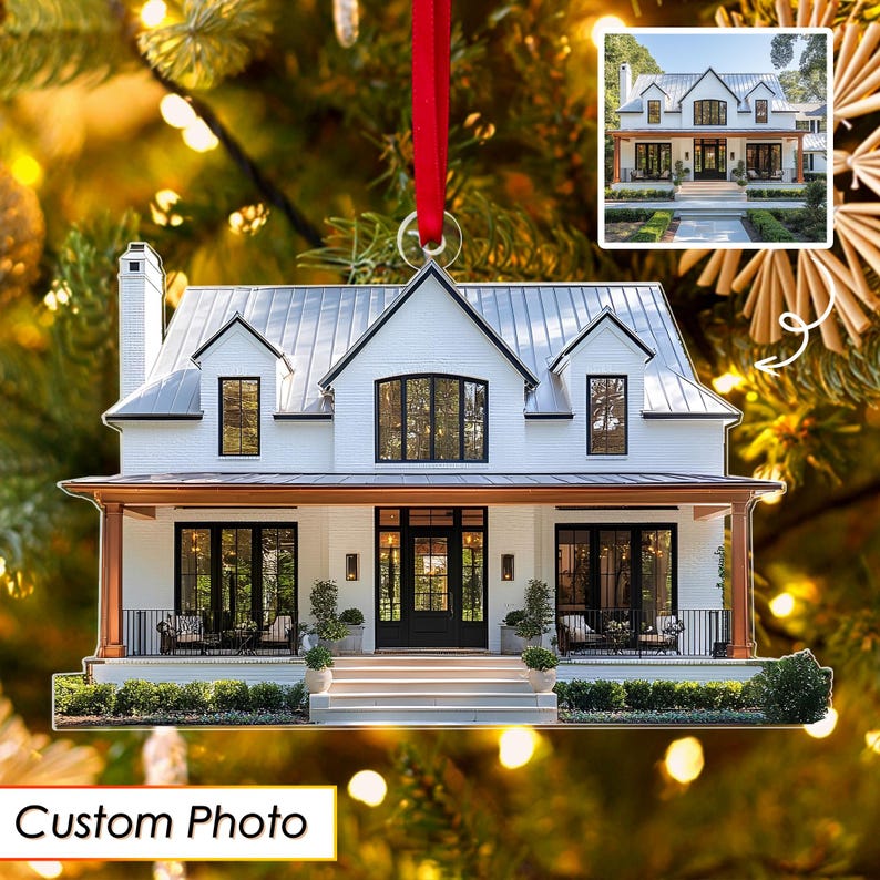 Personalized Home Photo Ornament, Custom New Home Christmas Ornament, House Ornament, Family Name Ornament, Housewarming Gift, Realtor Gift