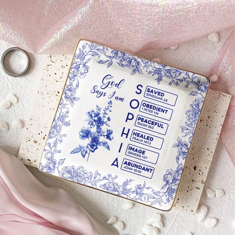 You Are Scripture Square Tray Personalized Christian Jewelry Dish, Blue Toile De Jouy Bible Verse Gift for Women, Encouragement Tray