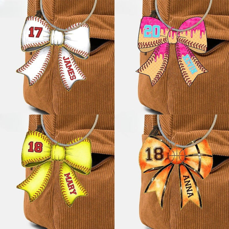 Personalized Girls Sports Bag Tag - Custom Name Tag with Bow - Cheer, Softball, Soccer, Basketball Gift, Softball Team Gifts, Gift For Her