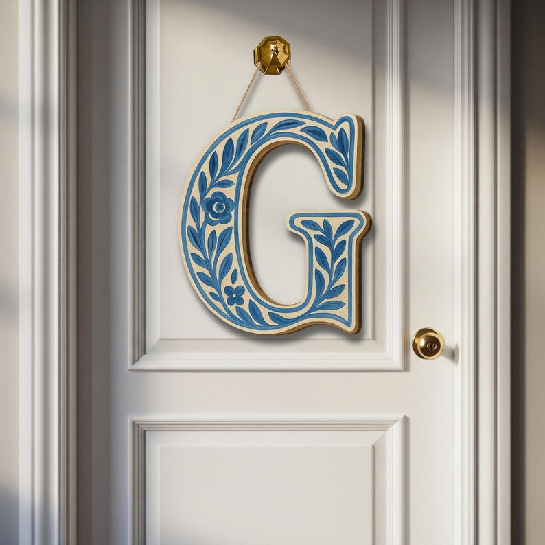 Custom Chinoiserie Monogram Letter | Blue Floral Wooden Wall Sign | Personalized Nursery Initial | Door Hanger Name Decor | Cottagecore Gift