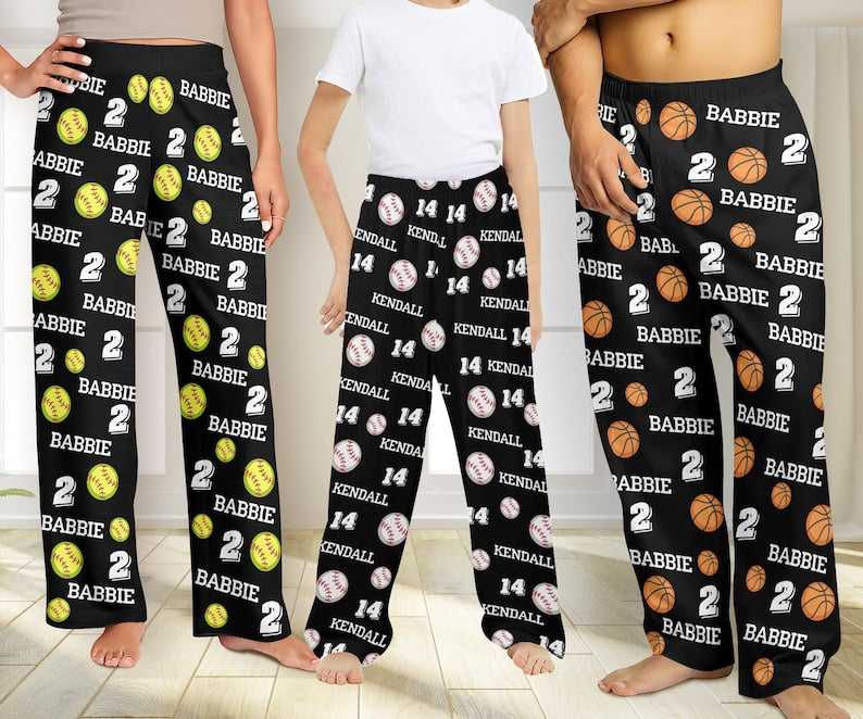 Custom Softball Pajama Pants with Name, Personalized Sport pajama Pants for Family, Team gift for softball player, Baseball/Volleyball Pants