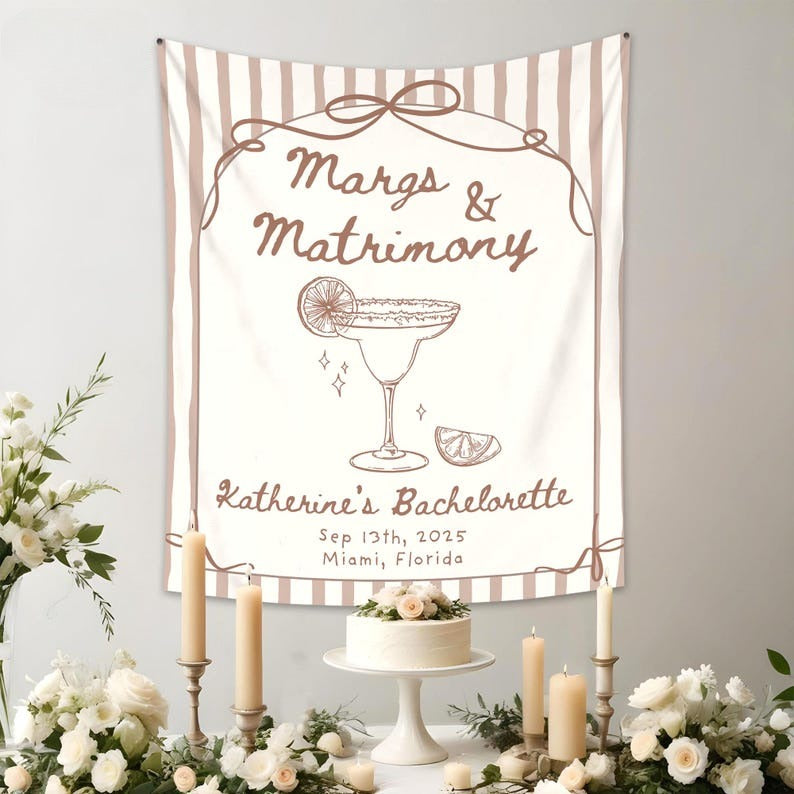 Margs and Matrimony Bachelorette Party Tapestry, Margaritas and Matrimony Banner, Custom Bachelorette Backdrop,Beach Bachelorette Decoration