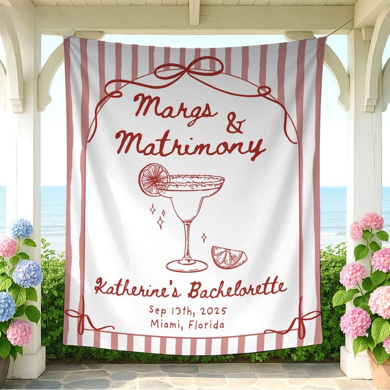 Margs and Matrimony Bachelorette Party Tapestry, Margaritas and Matrimony Banner, Custom Bachelorette Backdrop,Beach Bachelorette Decoration