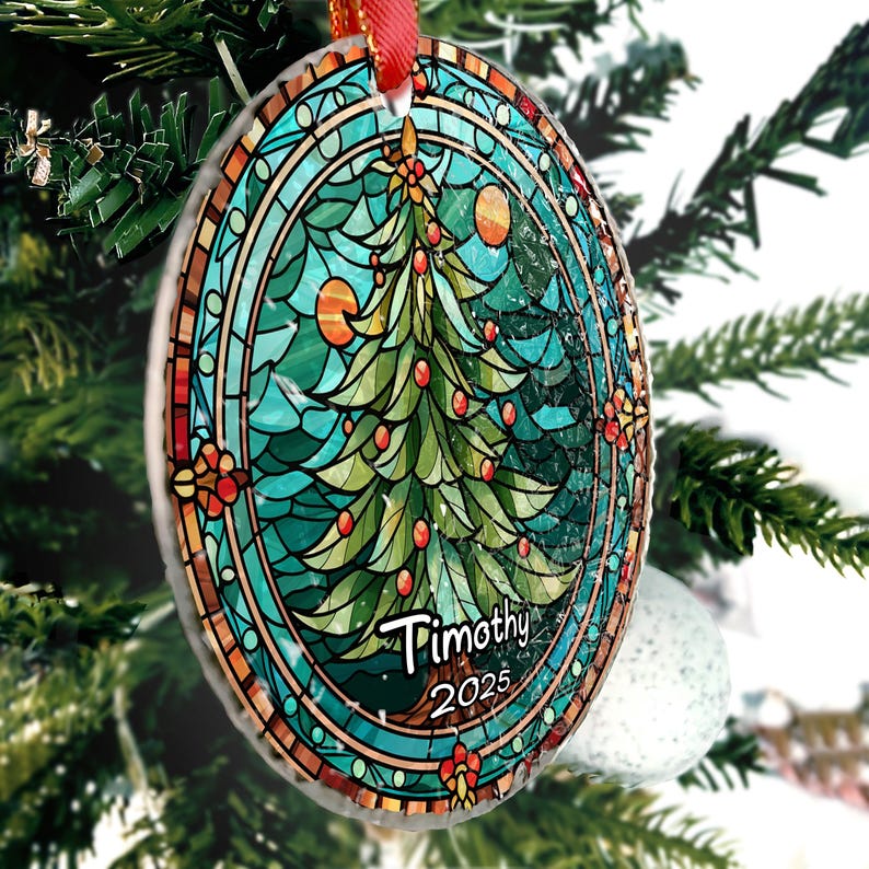 Personalized Stained Glass Christmas Tree Ornament,Christmas Handcraft Holiday Ornament with name,Premium Water Ripple Glass,Christmas GIFT