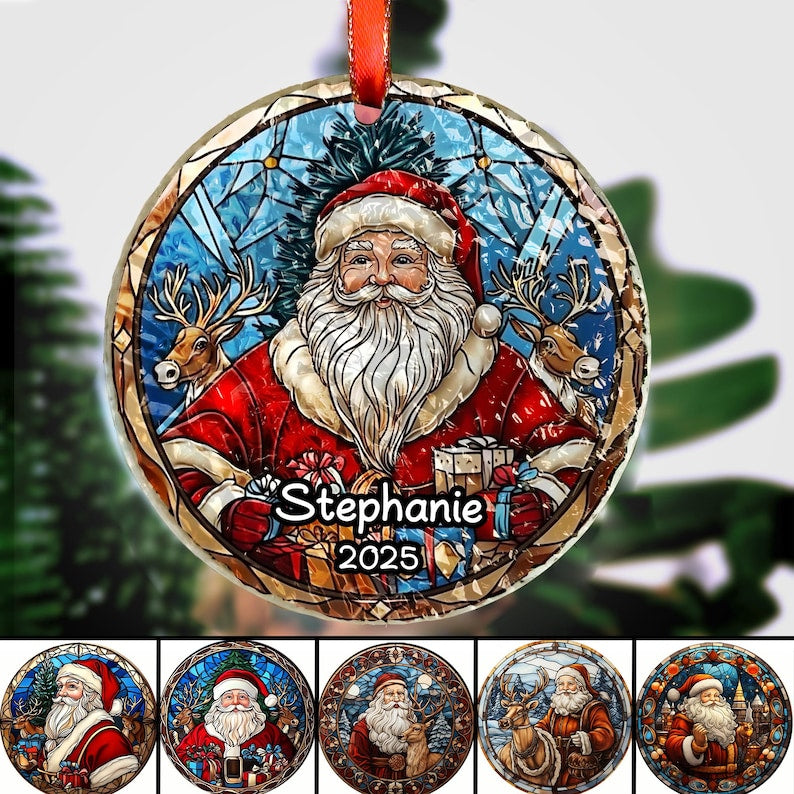 Personalized Santa Claus Stained Glass Ornament,Christmas Handcraft Holiday Ornament with name,Premium Water Ripple Glass,Christmas GIFT