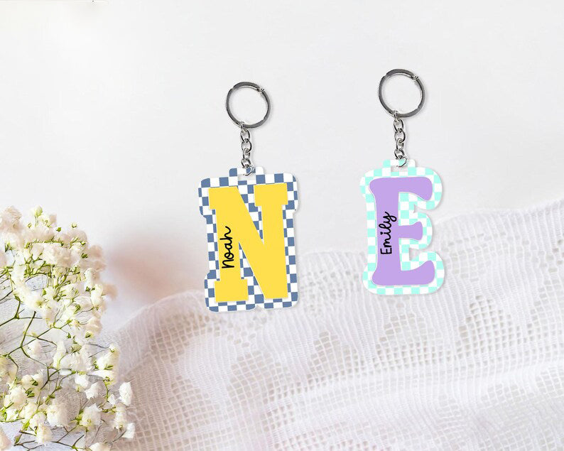 Acrylic Checkered Keychain, Water Bottle Name Tag, Personalized Kids Name Bag Tag for Boy, Sports Keychain Back to School Gift, 3D Name Tag