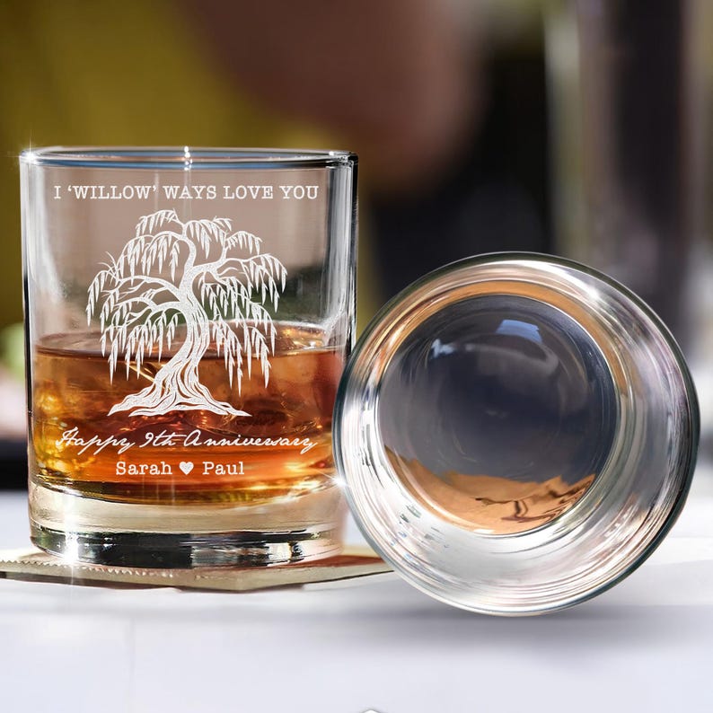 Custom 9th Anniversary Whiskey Glass, Custom 9 Year Anniversary Willow Tree Gifts for Husband, Ninth Anniversary Wedding Gift for Couples
