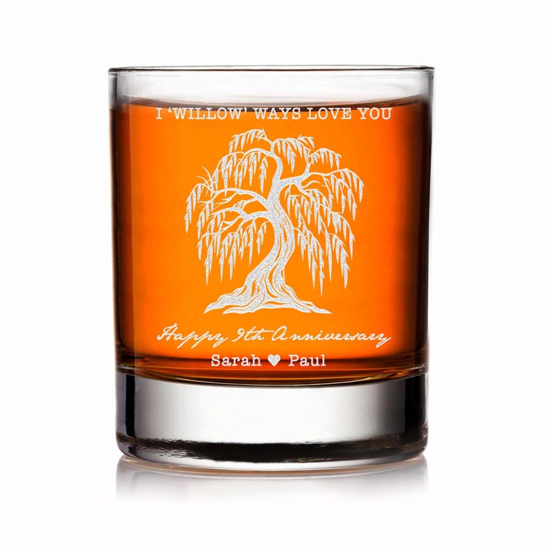 Custom 9th Anniversary Whiskey Glass, Custom 9 Year Anniversary Willow Tree Gifts for Husband, Ninth Anniversary Wedding Gift for Couples