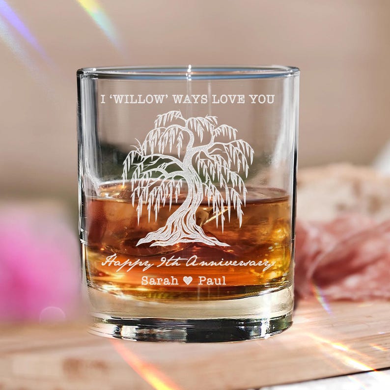 Custom 9th Anniversary Whiskey Glass, Custom 9 Year Anniversary Willow Tree Gifts for Husband, Ninth Anniversary Wedding Gift for Couples