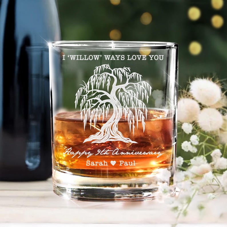 Custom 9th Anniversary Whiskey Glass, Custom 9 Year Anniversary Willow Tree Gifts for Husband, Ninth Anniversary Wedding Gift for Couples