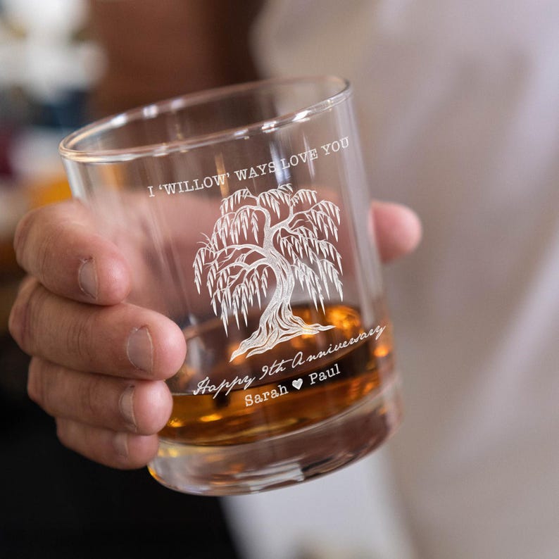 Custom 9th Anniversary Whiskey Glass, Custom 9 Year Anniversary Willow Tree Gifts for Husband, Ninth Anniversary Wedding Gift for Couples