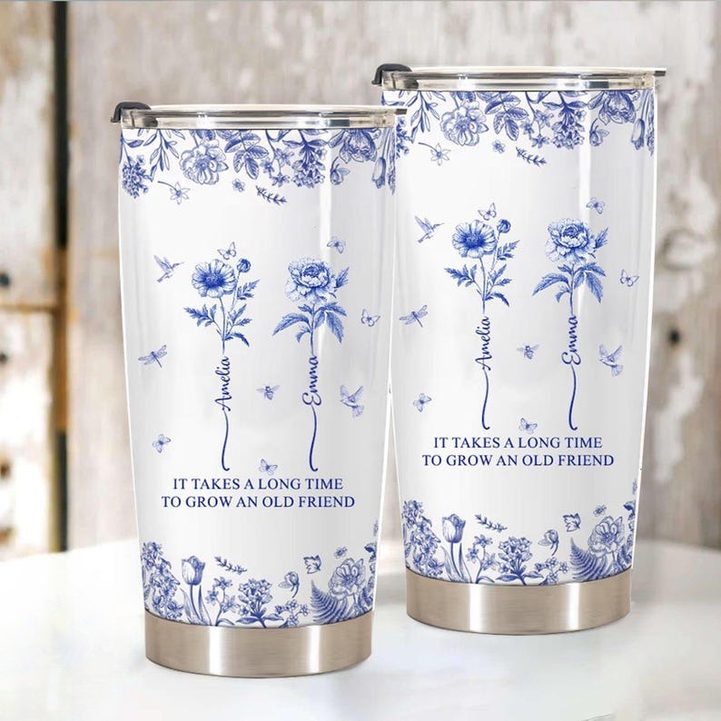 Custom Birth Month Flower with Name Cup, It Takes A Long Time To Grow An Old Friend, Toile De Jouy Cup, Best Friend Mug, Besties Mug Tumbler