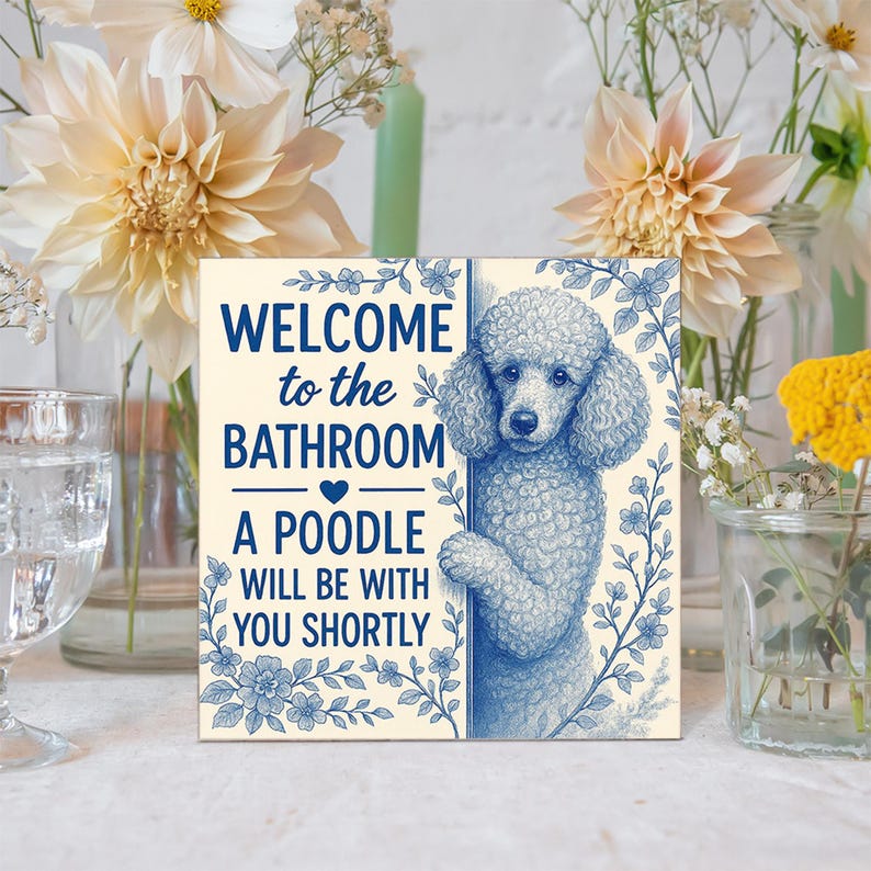 Funny Poodle Bathroom Sign | Welcome to Bathroom Dog Wood Block | Cute Poodle Decor Gift for Dog Lovers | Dog Wall Art for Home