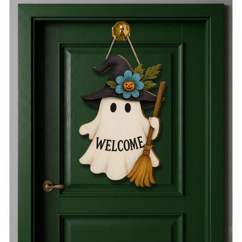 Halloween Ghost Welcome Sign, Cute Witch Door Hanger, Wooden Fall Decor, Spooky Front Porch Sign, Autumn Holiday Decoration