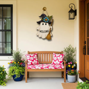 Halloween Ghost Welcome Sign, Cute Witch Door Hanger, Wooden Fall Decor, Spooky Front Porch Sign, Autumn Holiday Decoration