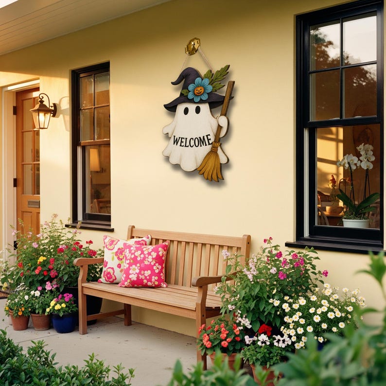 Halloween Ghost Welcome Sign, Cute Witch Door Hanger, Wooden Fall Decor, Spooky Front Porch Sign, Autumn Holiday Decoration