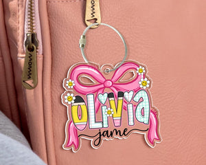 Coquette Girl School Name Tag, Pink Bow Name Keychain for Girl, Back To School Gift for Toddler, Lunch Bag Tag, Backpack Name Tag, Bag Label