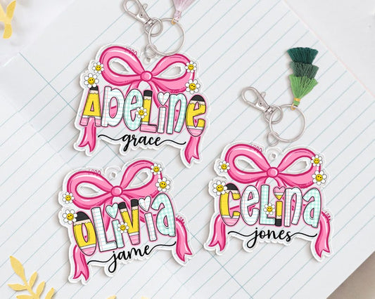 Coquette Girl School Name Tag, Pink Bow Name Keychain for Girl, Back To School Gift for Toddler, Lunch Bag Tag, Backpack Name Tag, Bag Label