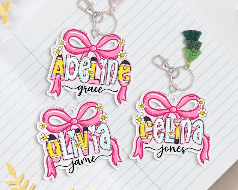 Coquette Girl School Name Tag, Pink Bow Name Keychain for Girl, Back To School Gift for Toddler, Lunch Bag Tag, Backpack Name Tag, Bag Label
