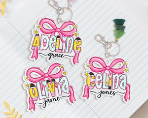 Coquette Girl School Name Tag, Pink Bow Name Keychain for Girl, Back To School Gift for Toddler, Lunch Bag Tag, Backpack Name Tag, Bag Label