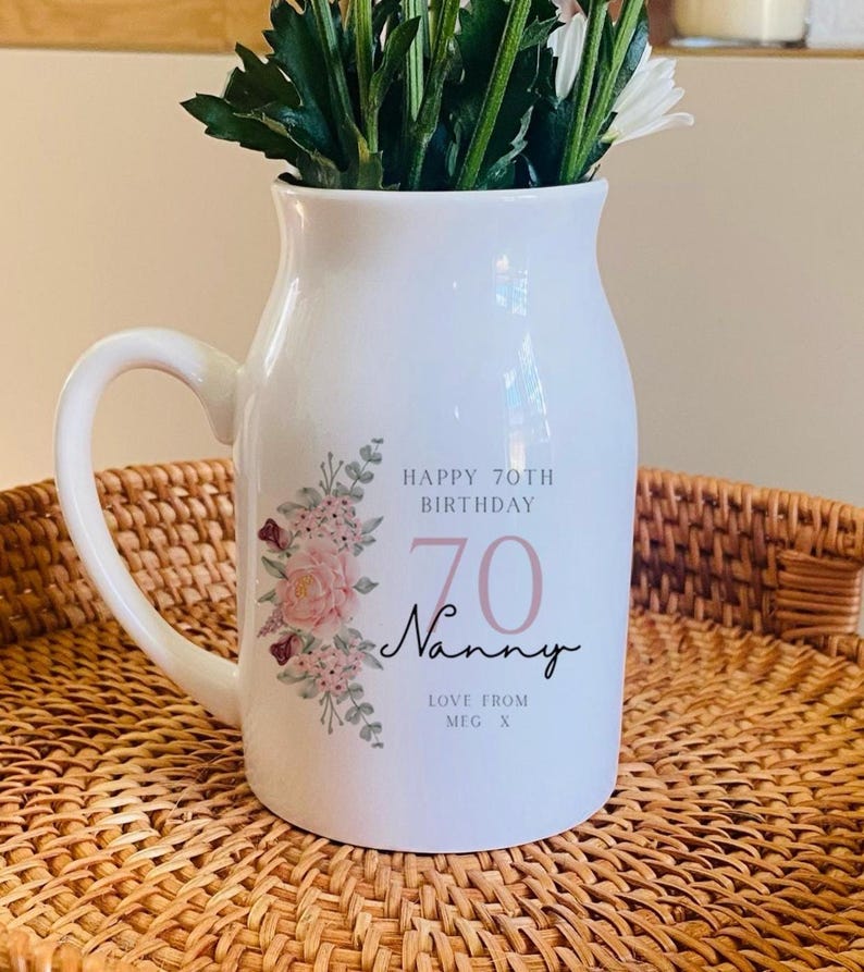 Personalised Birthday Milestone Gift, Small Flower Jug Vase, Personalised 70th Birthday Gift, Nan Gifts, Friend Birthday Keepsake, Christmas