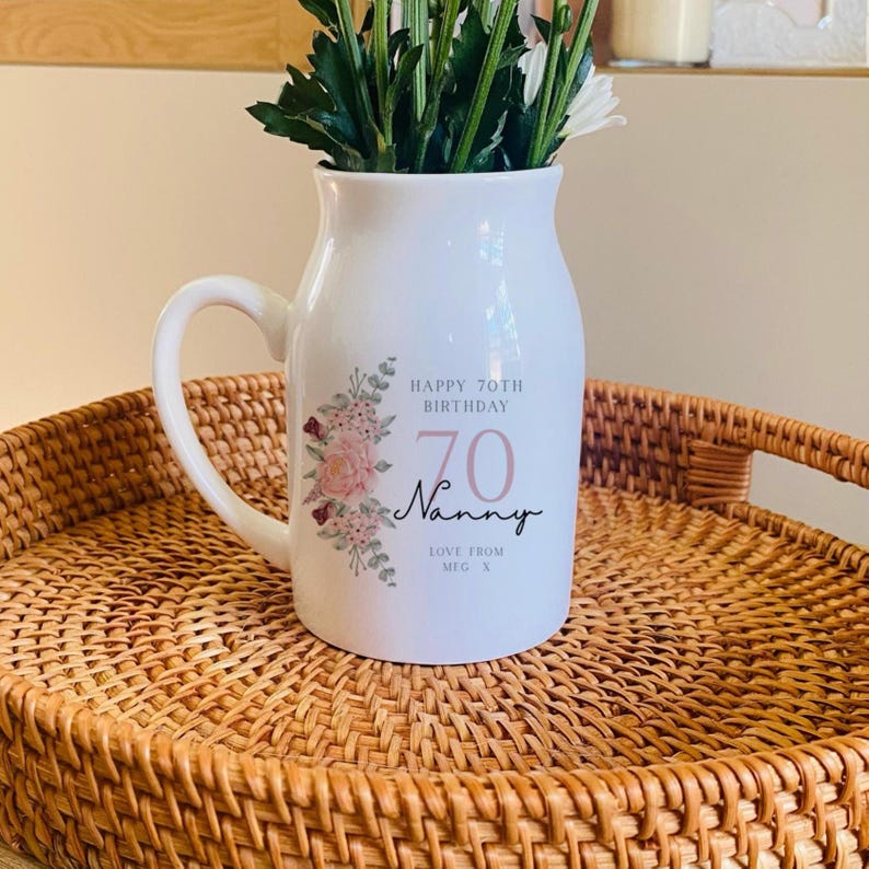 Personalised Birthday Milestone Gift, Small Flower Jug Vase, Personalised 70th Birthday Gift, Nan Gifts, Friend Birthday Keepsake, Christmas