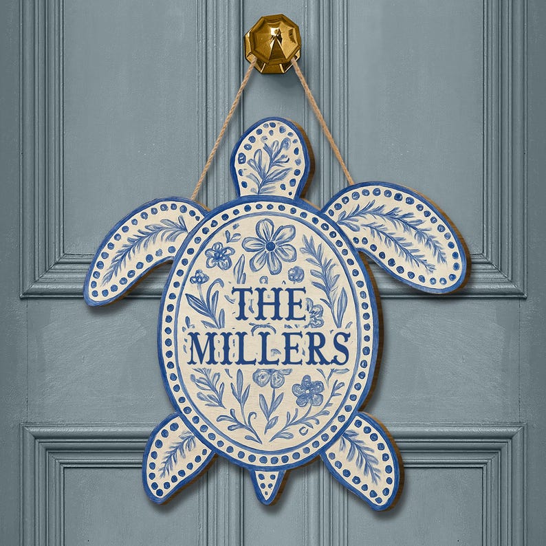 Personalized Wooden Turtle Hanging Sign Family Name Door Decor Coastal Boho Turtle Porch Plaque Customized Beach House Gift for Home Entry