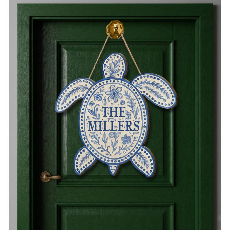 Personalized Wooden Turtle Hanging Sign Family Name Door Decor Coastal Boho Turtle Porch Plaque Customized Beach House Gift for Home Entry