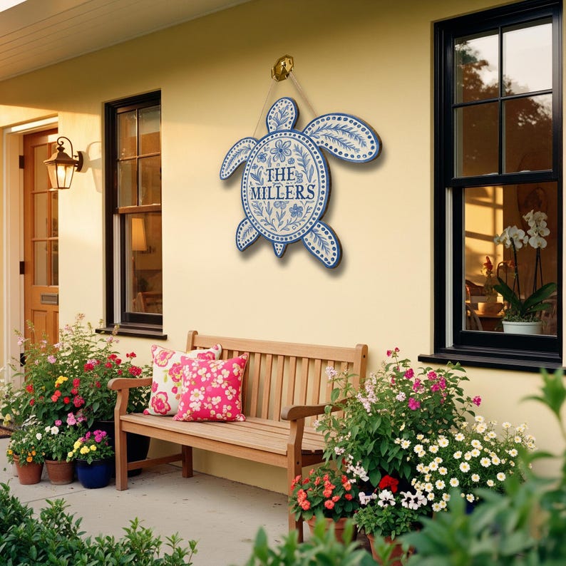 Personalized Wooden Turtle Hanging Sign Family Name Door Decor Coastal Boho Turtle Porch Plaque Customized Beach House Gift for Home Entry