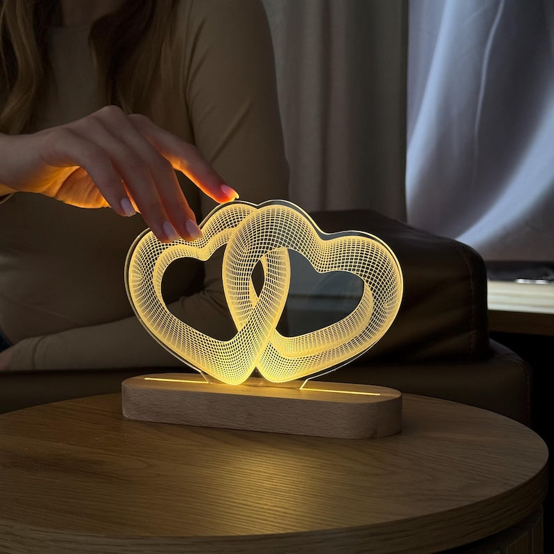 Two connected hearts LED lamp, Love hearts 3D illusion night light, Personalized acrylic lamp for table, Custom wedding gift for couple