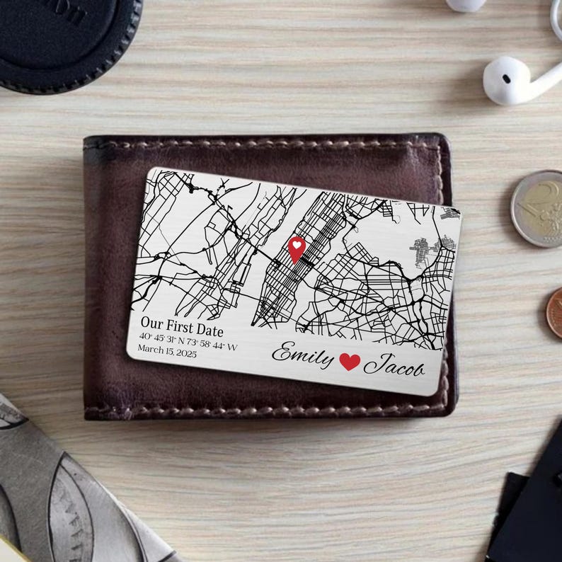 Personalized Where We Met Metal Wallet Card, First Date Map, Long Distance Relationship Gift, Wedding Gift for Couple, 1st Anniversary Gift