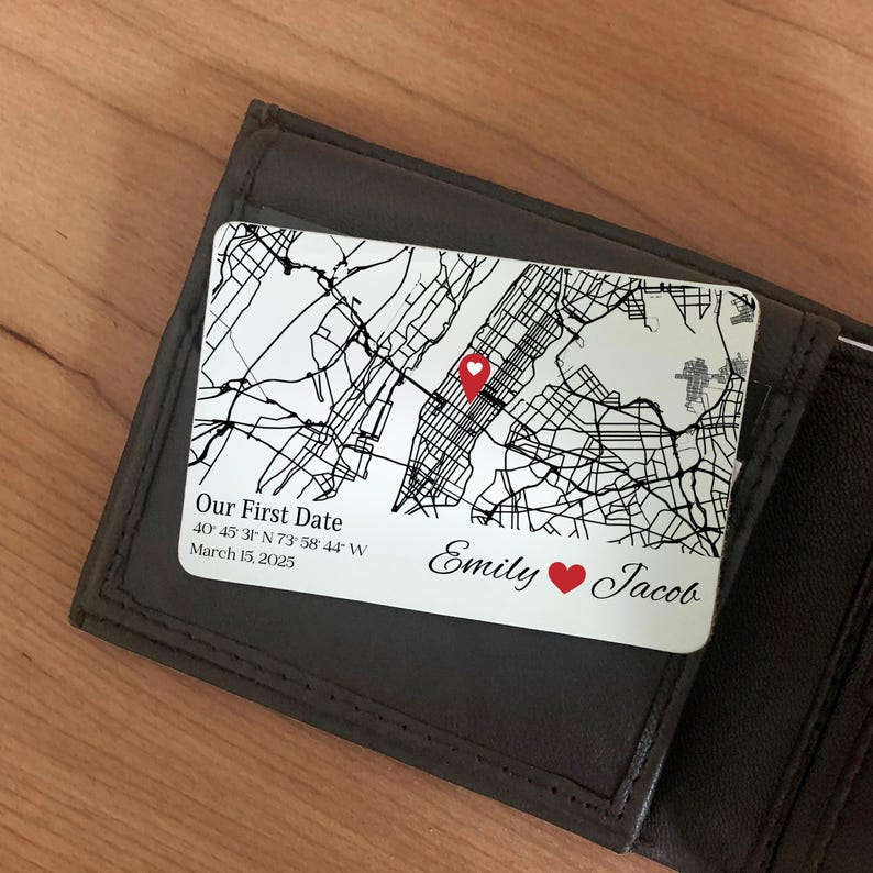 Personalized Where We Met Metal Wallet Card, First Date Map, Long Distance Relationship Gift, Wedding Gift for Couple, 1st Anniversary Gift