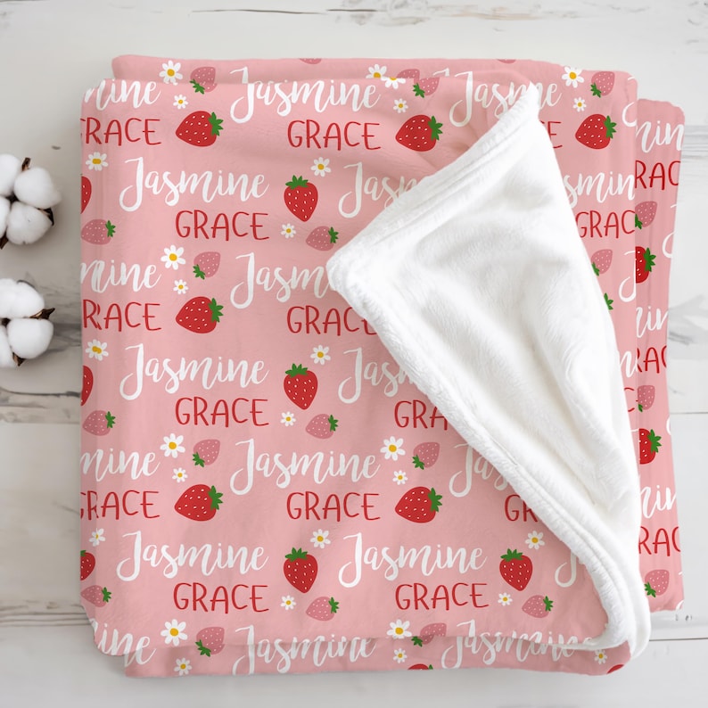 Personalized Strawberry Blanket, Custom Baby Name Blanket, Pink Girl Nursery Decor, Gift for Baby Girl, Cute Kids Blanket, Toddler Blanket