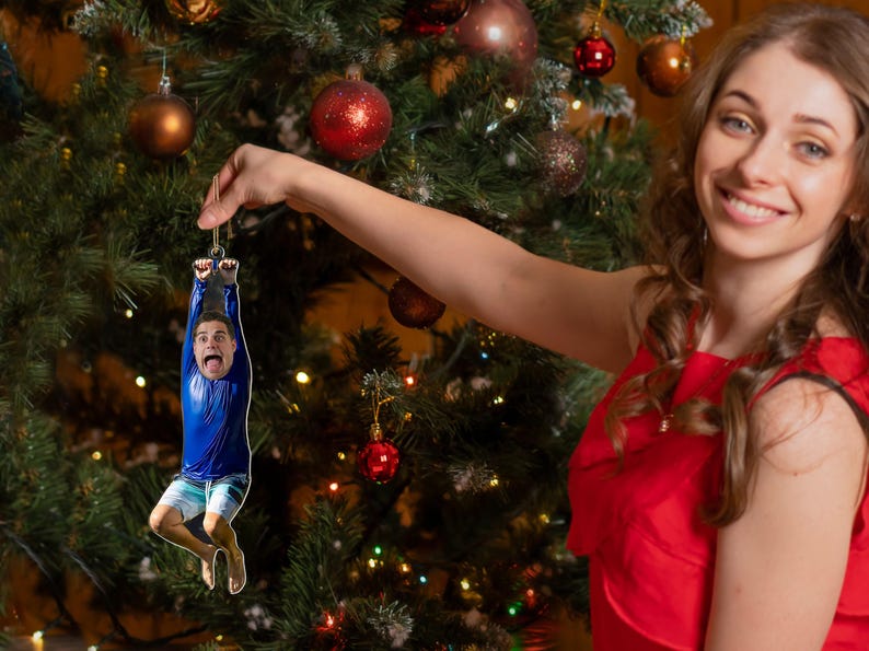 Custom Zipline Face Ornament, Funny Hanging Photo Gift, Personalized Acrylic Ornament for Friends, Gag Christmas Gift