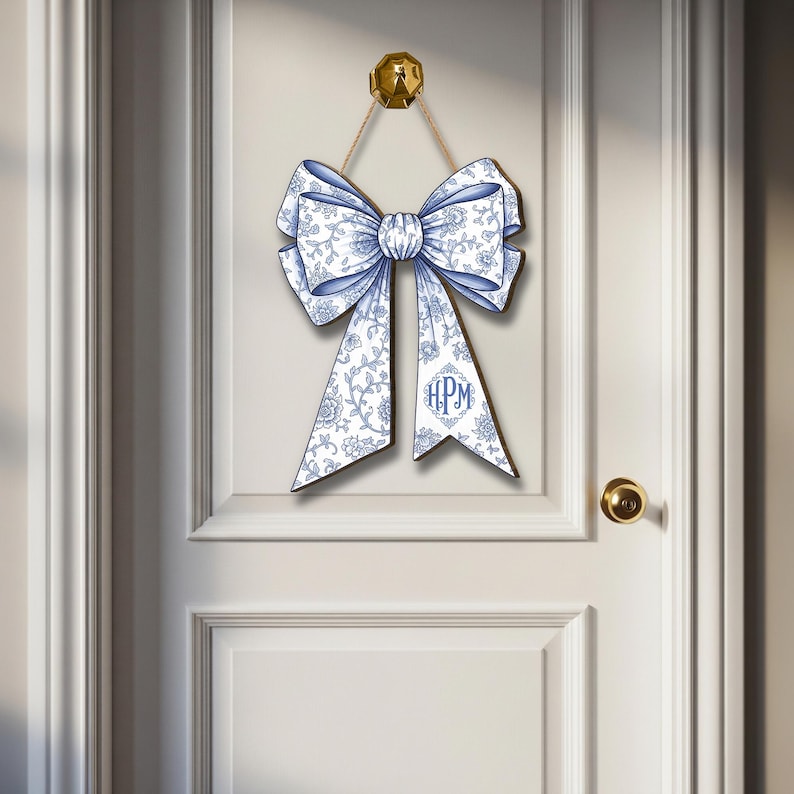 Custom Chinoiserie Bow Door Sign | Blue Floral Coquette Initial Hanger | Elegant Monogram Dorm & Nursey Decor | Preppy Name Door Plaque