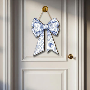 Custom Chinoiserie Bow Door Sign | Blue Floral Coquette Initial Hanger | Elegant Monogram Dorm & Nursey Decor | Preppy Name Door Plaque