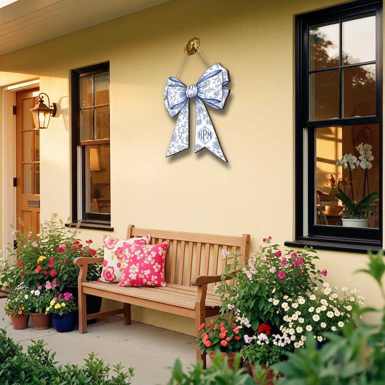 Custom Chinoiserie Bow Door Sign | Blue Floral Coquette Initial Hanger | Elegant Monogram Dorm & Nursey Decor | Preppy Name Door Plaque