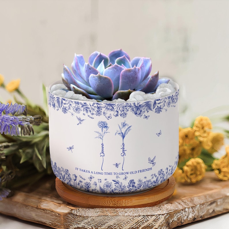 Personalized Ceramic Plant Pot, It Takes A Long Time To Grow Old Friends, Toile De Jouy Custom Birth Month Flower with Name